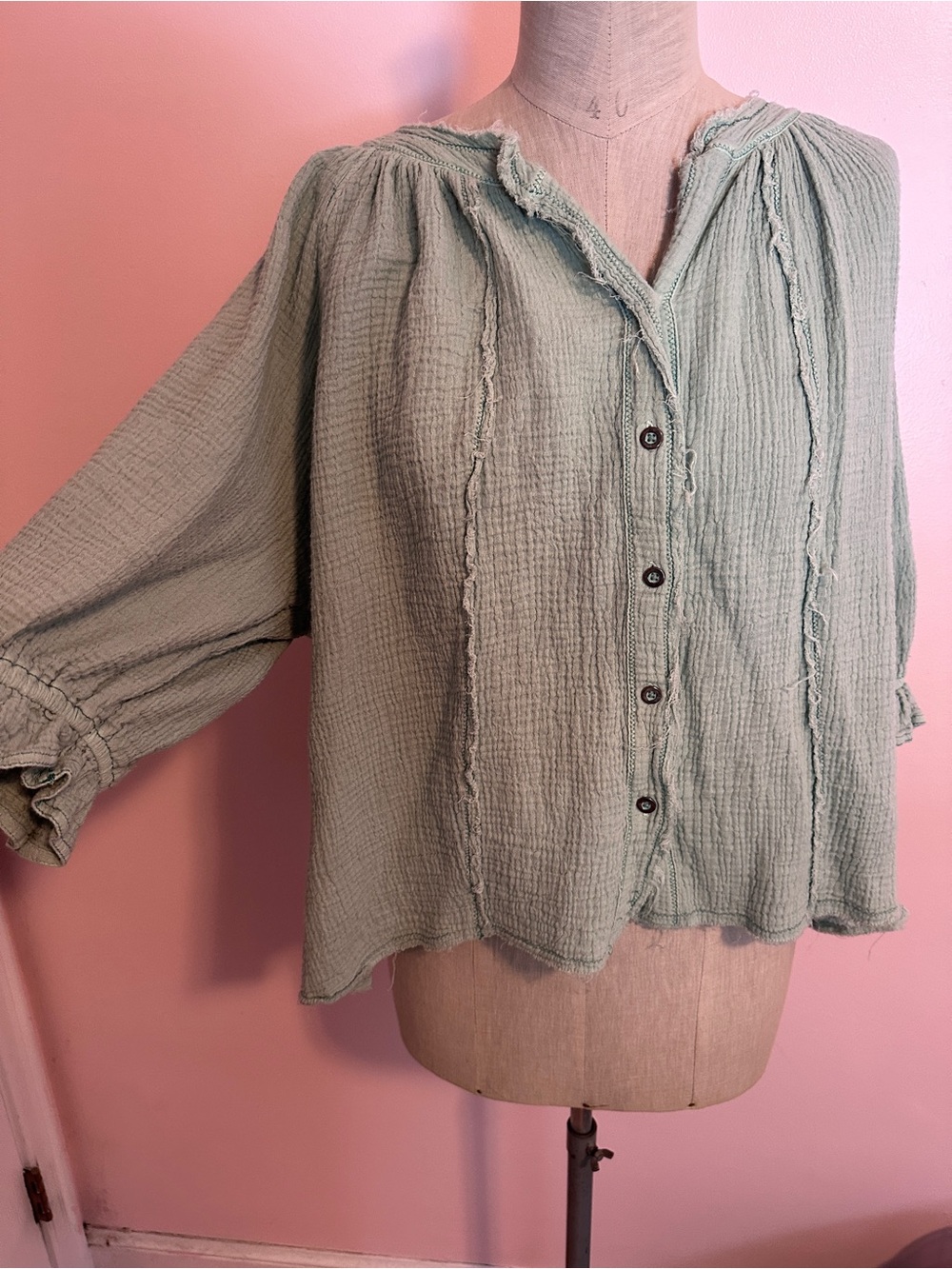 Free People Light Sage Green Button-Front Womens Top